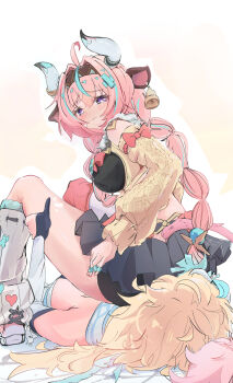 2girls absurdres animal_ears black_gloves blonde_hair blue_hair breasts closed_mouth cow_ears cow_girl cow_horns cow_tail detached_sleeves ear_bell from_behind genshin_impact gloves highres hooriyuu horns leg_warmers long_hair long_sleeves looking_at_another looking_down lumine_(genshin_impact) lying multicolored_hair multiple_girls on_back partially_fingerless_gloves pink_hair sitting sitting_on_face sitting_on_person streaked_hair tail thumbs_up varesa_(genshin_impact) white_leg_warmers