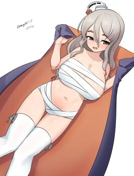 1girl absurdres bandages breasts cape dated grey_hair hair_between_eyes highres kantai_collection large_breasts long_hair maru_(marg0613) mummy_costume naked_bandage one-hour_drawing_challenge open_mouth orange_cape pola_(kancolle) purple_cape simple_background solo thick_eyebrows thighhighs twitter_username two-tone_cape wavy_hair white_background white_thighhighs