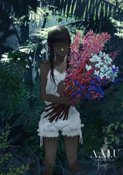 1girl absurdres artist_name bare_shoulders black_hair blue_eyes blue_flower blunt_bangs blurry blurry_foreground branch closed_mouth collarbone commentary dappled_sunlight dark-skinned_female dark_skin dim_lighting english_text feet_out_of_frame flower foliage forest frilled_romper frills furrowed_brow head_tilt highres holding holding_flower hugging_object jungle leaf light_frown long_hair long_sidelocks looking_at_viewer loose_hair_strand nature noor_nzm original outdoors palm_leaf pink_flower plant red_flower revision ribbon romper shade shadow sidelocks signature sleeveless solo spaghetti_strap sunlight too_many_flowers tree tropical twitter_username untranslatable_commentary white_flower white_ribbon white_romper