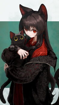 Rule 34 | 1girl, animal, animal ears, black cat, black hair, black jacket, cat, cat ears, cat girl, cat tail, commentary request, ebiri fy, green background, highres, holding, holding animal, holding cat, jacket, long hair, long sleeves, looking at viewer, off shoulder, open clothes, open jacket, original, red eyes, red shirt, shirt, simple background, smile, tail, two-tone background, white background, yellow eyes