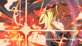 1girl absurdres blonde_hair goggles goggles_on_head gojou&#039;s_imaginary_technique highres hololive hololive_indonesia incoming_attack insfidelie jujutsu_kaisen kaela_kovalskia kaela_kovalskia_(4th_costume) red_eyes scene_reference solo virtual_youtuber