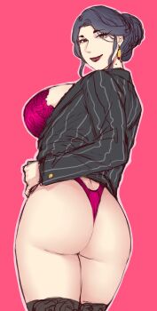 1girl black_jacket bra from_behind hair_bun highres jacket looking_at_viewer mole mole_on_neck nattapuumuu original panties pink_background simple_background single_hair_bun sketch smile solo standing striped_clothes striped_jacket suit_jacket underwear