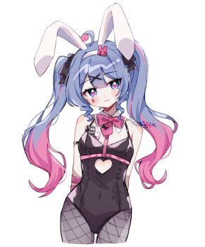 1girl :3 ace_(playing_card) ace_of_hearts animal_ears artist_name bare_shoulders black_bow black_leotard blue_eyes blue_hair blush_stickers bow bowtie card closed_mouth commentary cropped_legs detached_collar double-parted_bangs english_commentary facial_mark fishnet_pantyhose fishnets grey_pantyhose hair_between_eyes hair_bow hair_ornament hairband hatsune_miku heart heart-shaped_pupils highres leotard long_hair looking_at_viewer multicolored_hair pantyhose pink_bow pink_bowtie pink_hair playboy_bunny playing_card rabbit_ears rabbit_hole_(vocaloid) simple_background solo symbol-shaped_pupils teardrop_facial_mark twintails two-tone_hair vocaloid white_background white_hairband x_hair_ornament yukomeow