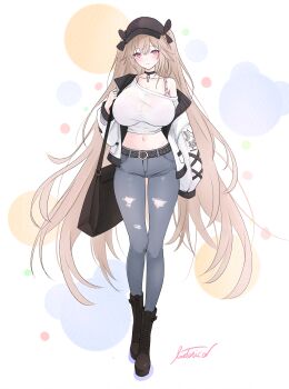 Rule 34 | 1girl, absurdres, adversarial noise, alternate costume, anchorage (azur lane), azur lane, bag, black bag, black bow, black choker, black hat, boots, bow, bra, breasts, brown boots, brown hair, casual, choker, closed mouth, collarbone, commentary request, crop top, denim, eagle union (emblem), full body, hair between eyes, hair bow, hand up, handbag, hat, highres, jacket, jeans, lace-up boots, large breasts, light smile, livetarica, long hair, long sleeves, navel, pants, pink bra, polka dot, polka dot background, purple eyes, shirt, sidelocks, signature, simple background, single off shoulder, sleeves past fingers, sleeves past wrists, solo, spaghetti strap, standing, stomach, torn clothes, torn jeans, torn pants, twintails, underwear, very long hair, white background, white jacket, white shirt