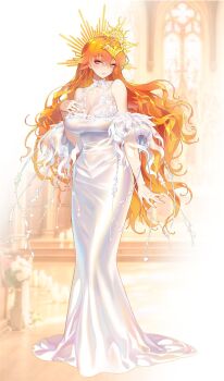 alternate_costume augusta_(wuthering_waves) bare_shoulders blush breasts closed_mouth commentary dress full_body hand_on_own_chest highres huge_breasts ina_(mikamixx) long_dress long_hair looking_at_viewer nail_polish orange_eyes orange_hair orange_nails see-through_cleavage see-through_clothes smile solo standing symbol-only_commentary very_long_hair white_dress wuthering_waves