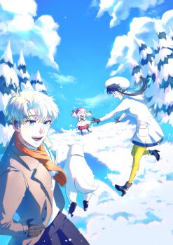 1boy 2girls absurdres anya_(spy_x_family) black_boots black_dress black_hair black_pantyhose blonde_hair blue_eyes blue_sky bond_(spy_x_family) boots brown_gloves child closed_eyes coat commentary_request dog dress earrings gloves gold_earrings grey_coat hair_between_eyes hat highres jewelry korean_commentary long_hair multiple_girls open_mouth orange_scarf outdoors outstretched_arms pantyhose parted_bangs pine_tree red_dress red_hat scarf sidelocks sky smile spy_x_family sweatdrop sweater tree twilight_(spy_x_family) updo wak_on_spy white_coat white_hat white_sweater winter winter_clothes yellow_pantyhose yor_briar