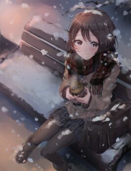1girl bench black_skirt blush boots branch brown_bag brown_boots brown_eyes brown_hair brown_jacket brown_pantyhose brown_scarf can canned_coffee closed_mouth double-parted_bangs drink_can foot_out_of_frame from_above highres holding holding_can jacket long_sleeves looking_at_viewer mole mole_under_mouth najuco_(naju0517) night original outdoors pantyhose plaid_clothes plaid_scarf plaid_skirt pleated_skirt scarf sitting skirt smile snow snow_on_head snow_on_tree snowing solo