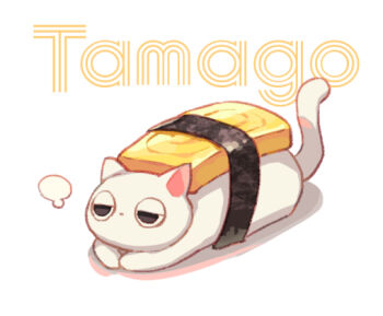 animal_focus cat commentary food food_name in_food lying no_humans on_stomach original simple_background sushi suzaku_(zaku6584) white_background