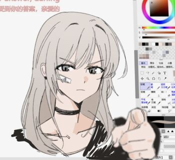 Rule 34 | 1girl, art program in frame, bad id, bad twitter id, bandaid, bandaid on face, black choker, chinese commentary, choker, commentary request, girls band cry, grey eyes, grey hair, haidao mao, image sample, kawaragi momoka, long hair, pointing, pointing at viewer, solo, twitter sample, white background