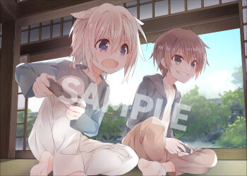 2boys architecture barefoot blue_eyes blue_shirt blue_sky brown_eyes brown_hair brown_pants bush child cloud commentary_request controller east_asian_architecture feet_out_of_frame from_side full_body game_controller grey_hoodie grin hair_between_eyes hair_flaps holding holding_controller holding_game_controller hood hoodie indoors knee_up kusanagi_naoya long_sleeves looking_ahead motoyon multiple_boys natsume_kei_(sakura_no_uta) on_floor open_mouth pants playing_games sakura_no_toki sakura_no_uta sample_watermark second-party_source shadow shirt short_hair shouji sitting sky sliding_doors smile tareme tree v-shaped_eyebrows watermark white_hair white_pants white_shirt