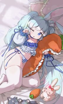 1girl :o animal_ear_fluff animal_ears bedroom blue_choker blue_eyes blue_hair blue_panties blue_ribbon bright_pupils choker clenched_hands commentary_request commission cropped_shirt dot_nose frilled_shirt frills from_above hands_up highres holding holding_pillow indoors kkaebing loli long_hair long_sleeves lying navel on_bed on_side one_eye_closed original panties parted_lips pear-shaped_figure pillow rabbit_ears rabbit_girl ribbon shirt side-tie_panties skindentation sleeve_ribbon solo striped_clothes striped_panties stuffed_animal stuffed_toy thick_thighs thighhighs thighs underwear very_long_hair white_pupils white_shirt white_thighhighs