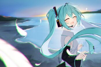 1girl aqua_hair aqua_necktie aqua_trim beach blush bougashi breasts closed_eyes commentary_request detached_sleeves falling_feathers feathers grey_shirt hair_between_eyes hair_ornament hatsune_miku headphones headset highres long_hair long_sleeves medium_breasts necktie open_mouth shirt sleeveless sleeveless_shirt smile solo tie_clip twintails upper_body very_long_hair vocaloid white_feathers