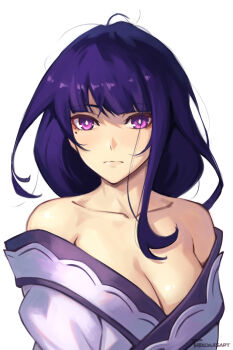 1girl artist_name bare_shoulders blunt_bangs blush breasts cleavage closed_mouth collarbone eyeliner genshin_impact hashtag-only_commentary highres huge_breasts japanese_clothes kimono large_breasts long_hair looking_at_viewer makeup messy_room mole mole_under_eye multicolored_eyes off_shoulder phrecklesart purple_eyes purple_hair purple_kimono raiden_shogun red_eyeliner shiny_skin shy simple_background solo upper_body white_background