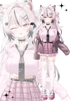 1girl absurdres ahoge animal_ears belt black_choker black_necktie breasts brown_jacket cat_ears choker collared_shirt crop_top crop_top_overhang cropped_sweater gradient_hair hair_bun high-waist_skirt highres jacket large_breasts long_hair looking_at_viewer midriff miniskirt multicolored_hair multiple_views necktie off_shoulder one_eye_closed open_mouth original pink_shoes pink_skirt pink_sweater plaid_clothes plaid_skirt pleated_skirt red_eyes shirt shoes single_side_bun skirt smile streaked_hair sweater thighhighs white_hair white_shirt white_thighhighs yana_mori zettai_ryouiki zoom_layer