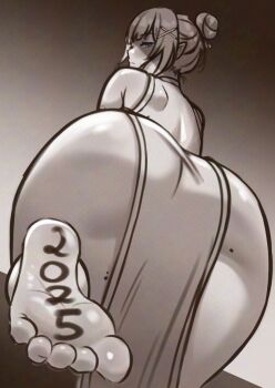 1girl ass ass_focus barefoot blue_eyes blunt_bangs china_dress chinese_clothes cipher4109 dress feet foot_focus greyscale high_ponytail indie_virtual_youtuber looking_at_viewer mint_fantome mole monochrome new_year pointy_ears ponytail soles spot_color thighs virtual_youtuber