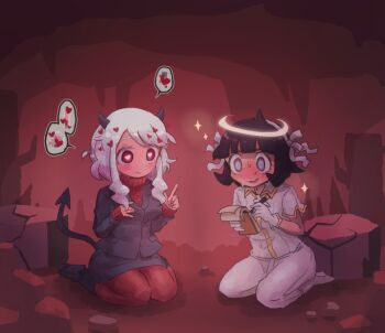 2girls angel azazel_(helltaker) black_footwear black_hair black_horns black_jacket black_skirt blazer blue_eyes blunt_bangs blush bob_cut boots boulder breasts bright_pupils broken_halo brown_pantyhose cave censored censored_text closed_mouth commentary constricted_pupils crack demon_girl demon_horns demon_tail embarrassed excited frown gloves hair_ornament hair_ribbon hairband halo heart heart-shaped_pupils heart_hair_ornament hell helltaker holding holding_notebook holding_notepad horns index_finger_raised jacket kanno_fumiroku looking_ahead looking_at_object medium_breasts modeus_(helltaker) mosaic_censoring multiple_girls nervous nervous_smile nose_blush notebook notepad on_ground pants pantyhose parted_lips pencil_skirt raised_eyebrows red_eyes red_sweater ribbed_sweater ribbon rock seiza shirt short_hair short_hair_with_long_locks sidelocks sitting skirt smile sparkle speech_bubble spoken_heart stalactite sweat sweatdrop sweater swept_bangs symbol-shaped_pupils tail taking_notes talking turtleneck turtleneck_sweater v-shaped_eyebrows wariza wavy_mouth white_footwear white_gloves white_hair white_hairband white_pants white_pupils white_ribbon white_shirt wide-eyed writing