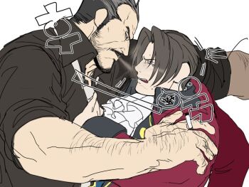 2boys ace_attorney arm_hair ascot bara black_facial_hair black_hair black_shirt blowing_smoke disgust facial_hair grey_hair hand_hair knuckle_hair male_focus miles_edgeworth multiple_boys mustache necktie open_mouth paksuu shirt short_hair shoving sideburns simple_background smoke tears translation_request tyrell_badd white_ascot white_background white_necktie yaoi
