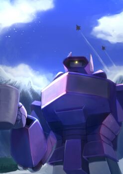 Rule 34 | aircraft, airplane, blue sky, cloud, commentary, cup, drinking glass, fighter jet, glowing, glowing eyes, highres, holding, holding cup, humanoid robot, mecha, mecha focus, military vehicle, mug, one-eyed, one-eyed mecha, robot, science fiction, shockwave (transformers), sky, transformers, untranslatable commentary, yellow eyes, zus64ru90ridi6y