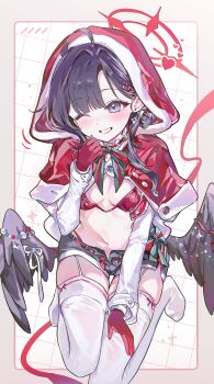 0202ase 1girl absurdres ahoge alternate_costume belt black_hair black_shorts blue_archive blue_eyes border bow bra breasts christmas commentary_request earrings feathered_wings frills gloves hair_ornament halo hat heart highres hood ichika_(blue_archive) jewelry light_blush long_hair low_wings midriff navel one_eye_closed open_mouth red_bra red_gloves red_halo red_ribbon ribbon santa_costume santa_hat short_shorts shorts simple_background small_breasts smile thighhighs underwear white_ribbon wings