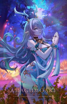 1girl absurdres amagumoart antlers armlet bare_shoulders blue_dress blue_eyes blue_hair breasts cleavage closed_mouth commentary cowboy_shot deer_antlers deer_girl dress earrings from_side genshin_impact gold hair_over_one_eye highres horns jewelry large_breasts lauma_(genshin_impact) leaf long_hair palms_together plant pointy_ears sky smile solo tree very_long_hair