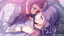 Rule 34 | 2girls, bang dream!, black choker, black shirt, blue eyes, blush, choker, commentary request, eye contact, fang, forehead-to-forehead, heads together, highres, jacket, long hair, looking at another, lying, multiple girls, official art, open clothes, open jacket, open mouth, pajamas, purple hair, red eyes, red hair, shirt, siblings, sidelocks, sisters, sweatdrop, udagawa ako, udagawa tomoe, under covers, white jacket