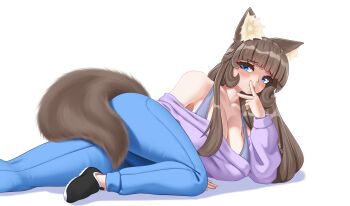 Rule 34 | 1girl, absurdres, animal ear fluff, animal ears, bare shoulders, blue eyes, blue leggings, blunt bangs, blush, breasts, brown hair, cat ears, cat girl, cat tail, cleavage, covering crotch, covering own mouth, covering privates, fluffy, highres, large breasts, leggings, long hair, looking at viewer, original, pants, purple sweater, shoes, sweater, tail, takie, takie arts, very long hair, white background, yoga pants