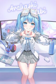 1girl absurdres belt blue_eyes blue_hair bow bowtie center_frills character_name commentary_request computer computer_keyboard computer_mouse desk frills goggles goggles_on_head grey_skirt grin hayo_(dydgk6664) heart heart_hands highres jacket korean_commentary long_hair long_sleeves looking_at_viewer microphone miniskirt on_desk pleated_skirt shirt sitting skirt smile solo stellive thighs twintails virtual_youtuber white_jacket white_shirt