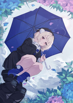 1girl absurdres beret black_hat black_shoes blonde_hair blue_flower blue_socks commentary_request flower grey_sky hair_ornament hat highres holding holding_umbrella long_sleeves medium_hair outdoors parted_lips petals petals_on_liquid pink_flower pinstripe_pattern pinstripe_shirt pinstripe_skirt pom_pom_(clothes) pom_pom_hair_ornament puddle rain red_eyes reflection reflection_focus reflective_liquid shirt shoes skirt sky socks solo squatting totouri ui_(voisona) umbrella voisona