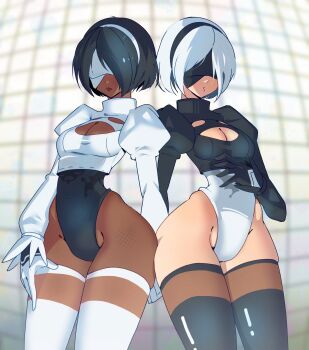 2b_(nier:automata) 2girls 2p_(nier:automata) absurdres black_hair black_leotard black_thighhighs blindfold breasts cleavage covered_eyes curvy dark-skinned_female dark_skin feather-trimmed_sleeves gjh gloves groin high_collar highleg highleg_leotard highres leotard lips mole mole_under_mouth multiple_girls nier:automata nier_(series) puffy_sleeves shiny_skin small_breasts thighhighs white_hair white_leotard white_thighhighs wide_hips