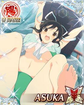 1girl :d arms_up asuka_(senran_kagura) barefoot border breasts breasts_apart brown_eyes brown_hair card_(medium) character_name clenched_hands falling from_below game_cg hair_ribbon large_breasts long_hair midair navel official_art open_mouth ponytail ribbon see-through_clothes see-through_shirt senran_kagura senran_kagura_new_wave shirt short_ponytail smile solo spread_legs third-party_source underboob white_ribbon