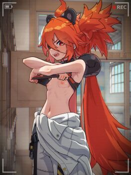 1girl adversarial_noise ahoge battery_indicator blush breasts bright_pupils commentary_request eyepatch hair_ornament indoors koleda_belobog loli long_hair looking_at_viewer navel nipples open_mouth paid_reward_available petite recording red_eyes red_hair sharp_teeth small_breasts solo special_cat sphere_hair_ornament teeth twintails undressing variant_set very_long_hair viewfinder voyeur_pov voyeurism white_pupils zenless_zone_zero