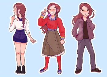 1girl absurdres alternate_hairstyle black_boots blue_background blue_bow blue_shirt blue_shorts blush boots bow braid brown_hair brown_jacket brown_shirt brown_shoes brown_skirt budgiehop clenched_hand closed_eyes closed_mouth collared_shirt commentary cosplay diana_(kyokugen_dasshutsu) diana_(kyokugen_dasshutsu)_(cosplay) ear_piercing earrings english_commentary eyelashes footwear_bow full_body grey_pants hand_in_pocket hand_on_own_neck high-waist_shorts highres jacket jewelry junpei_(kyokugen_dasshutsu) junpei_(kyokugen_dasshutsu)_(cosplay) kyokugen_dasshutsu long_hair long_sleeves multiple_views no_sclera nose_blush open_clothes open_jacket outline pants phi_(kyokugen_dasshutsu) phi_(kyokugen_dasshutsu)_(cosplay) piercing ponytail red_sweater shirt shirt_under_sweater shoes shorts simple_background single_braid skirt smile standing sweater teeth undercut v white_outline white_shirt zero_escape:_toki_no_dilemma