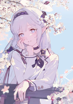 Rule 34 | 1girl, absurdres, bilibalakonglijiwa, black hairband, black ribbon, blue archive, blush, flower, grey hair, hair flower, hair ornament, hairband, head rest, highres, himari (blue archive), jacket, long hair, looking at viewer, parted lips, pointy ears, purple eyes, ribbon, sidelocks, smile, solo, white flower, white jacket