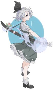 1girl black_shoes blue_eyes closed_mouth commentary_request expressionless frilled_skirt frills from_side full_body green_skirt green_vest grey_hair hairband highres hitodama hitodama_print holding holding_sword holding_weapon konpaku_youmu konpaku_youmu_(ghost) loose_socks mary_janes medium_hair o_(crazyoton46) puffy_short_sleeves puffy_sleeves sheath sheathed shirt shoes short_sleeves skirt skirt_set socks solo sword touhou vest weapon weapon_strap white_shirt white_socks