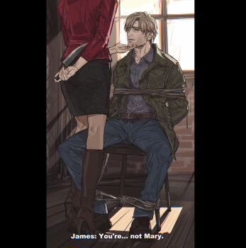 1boy 1girl absurdres adam&#039;s_apple belt bloober_team blue_pants bound bracelet brown_belt brown_hair buttons chair collared_shirt english_text grey_shirt hand_on_another&#039;s_chin head_out_of_frame highres holding holding_knife james_sunderland jewelry knife konami long_sleeves maria_(silent_hill) nyeigneous pants parted_lips pillarboxed red_shirt remake shirt short_hair silent_hill_(series) silent_hill_2 silent_hill_2_(remake) sunlight tied_up_(nonsexual) window wooden_floor