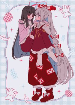 2girls blue_hair blush boots bow bowtie brown_hair carrying carrying_person closed_mouth colored_inner_hair commentary eye_contact finger_to_another's_mouth footwear_bow frilled_skirt frilled_sleeves frills fujiwara_no_mokou grey_hair grey_shirt hair_bow hand_fan heart highres houraisan_kaguya long_hair long_skirt long_sleeves looking_at_another multicolored_hair multiple_girls multiple_hair_bows ofuda ofuda_on_clothes pants pink_shirt princess_carry rabbit red_boots red_eyes red_pants shirt skirt smile socks suspenders sweatdrop tamiko_(tamik0224) touhou very_long_hair white_bow white_bowtie white_socks wide_sleeves
