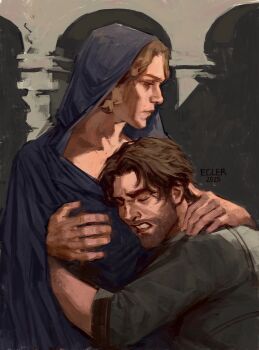 2boys arcane:_league_of_legends arcane_jayce beard blonde_hair blue_cloak brown_eyes brown_hair clenched_teeth cloak closed_eyes distortion ecler_ecler facial_hair hand_on_another's_neck highres hood hood_up hug jayce_(league_of_legends) league_of_legends male_focus messy_hair multiple_boys teeth viktor_(arcane) viktor_(league_of_legends)