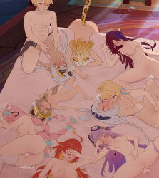 1boy 6+girls absurdres aether_(genshin_impact) after_vaginal aftersex animal_ears bed_sheet black_thighhighs blonde_hair blue_hair blush breasts brown_hair chasca_(genshin_impact) citlali_(genshin_impact) closed_eyes completely_nude cow_girl cow_horns cow_tail cum cum_in_pussy cumdrip dark-skinned_female dark_skin ejaculation fingering flat_chest genshin_impact green_eyes group_sex harem headband hetero highres horns iansan_(genshin_impact) jaguar_ears jaguar_girl jaguar_tail kachina_(genshin_impact) kn53 large_breasts loli long_hair lumine_(genshin_impact) lying mavuika_(genshin_impact) missionary mualani_(genshin_impact) multiple_girls muscular muscular_male navel nipples nude on_back on_bed on_side on_stomach open_mouth orange_hair pink_hair pointy_ears purple_eyes purple_hair pussy rabbit_ears rabbit_girl sex sheet_grab small_breasts spread_legs symbol-shaped_pupils tail thighhighs vaginal varesa_(genshin_impact) visor_cap xilonen_(genshin_impact) yellow_eyes yuri