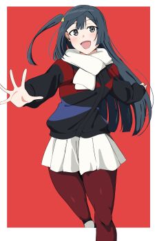 1girl :d absurdres black_hair black_jacket blue_jacket breasts clenched_hand grey_eyes hair_ornament highres jacket large_breasts long_hair long_sleeves looking_at_viewer love_live! love_live!_nijigasaki_high_school_idol_club miniskirt multicolored_jacket one_side_up open_hand open_mouth pantyhose pleated_skirt red_background red_jacket red_pantyhose running scarf simple_background skirt smile solo triangle_hair_ornament uchuu_no_mozuku very_long_hair white_scarf white_skirt yuki_setsuna