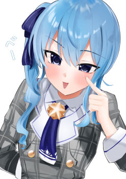 Rule 34 | 1girl, absurdres, blue bow, blue eyes, blue hair, blush, bow, closed mouth, commentary request, dress, grey dress, hair bow, highres, hololive, hoshimachi suisei, hoshimachi suisei (1st costume), looking at viewer, medium hair, one side up, smile, solo, star (symbol), star in eye, striped clothes, striped dress, symbol in eye, tongue, tongue out, uw chanmaru, vertical-striped clothes, vertical-striped dress, virtual youtuber, white background