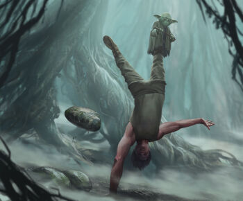 2boys alien colored_skin dagobah fog green_skin grey_pants grey_tank_top handstand highres javier_charro looking_at_viewer luke_skywalker multiple_boys one_arm_handstand pants pointy_ears short_hair star_wars star_wars:_the_empire_strikes_back tank_top tree wetland yoda