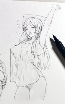 1girl art_tools_in_frame bottomless censored closed_eyes commentary_request covered_erect_nipples eyelashes female_robin_(fire_emblem) fire_emblem fire_emblem_awakening graphite_(medium) highres mosaic_censoring nintendo open_mouth photo_(medium) pussy seishun_dendeke solo squeans standing traditional_media yawning