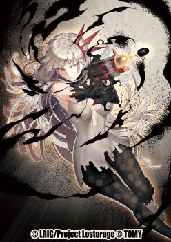 1girl black_gloves black_pantyhose bullet copyright_notice dress elbow_gloves gloves gun holding holding_gun holding_weapon ishibashi_yosuke long_hair looking_at_viewer nanashi_(wixoss) pantyhose solo weapon white_dress white_hair wixoss yellow_eyes