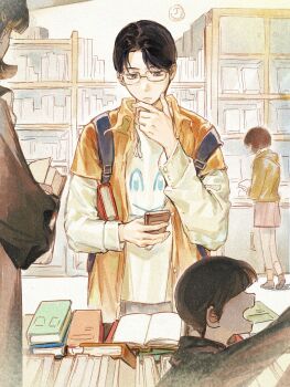 absurdres backpack bag bbfrog black_hair book clock earphones glasses highres holding holding_book holding_phone implied_yaoi karaoke_iko! library oka_satomi orange_shirt pants people phone reading shirt shirt_under_shirt short_hair thinking white_shirt wispy_bangs