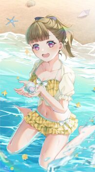 Rule 34 | 1girl, :d, artist name, barefoot, beach, bikini, black bow, bow, breasts, center-flap bangs, cleavage, collarbone, commentary request, conch, frilled sleeves, frills, full body, gingham bikini, hair bow, highres, holding, holding seashell, jacket, kachimachi kosuzu, kachimachi kosuzu (swimsuit), link! like! love live!, looking at viewer, love live!, lower teeth only, medium breasts, medium hair, mochi tsu22, official alternate costume, official alternate hairstyle, open clothes, open jacket, open mouth, outdoors, pink eyes, ponytail, puffy short sleeves, puffy sleeves, seashell, shell, short-sleeved jacket, short sleeves, signature, sitting, smile, solo, starfish, swimsuit, teeth, track jacket, unmoving pattern, virtual youtuber, wariza, white jacket, yellow bikini