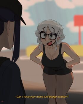 2girls black_hair black_hat black_shorts black_tank_top blurry blurry_background breasts cleavage commentary double-parted_bangs english_commentary english_text glasses grawlix_(shibansfw) grey_eyes grey_hair hands_on_own_hips hat highres large_breasts leaning_forward looking_at_another multiple_girls open_mouth original raised_eyebrows shibansfw short_hair shorts sidelocks smile talking tank_top