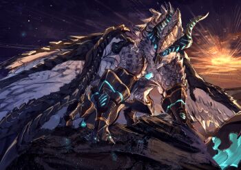 absurdres blue_eyes commission dragon dragon_horns dragon_wings folded_wings glowing glowing_eyes highres horns mechanical_legs night no_humans original scales skeb_commission sky standing_on_rock star_(sky) sunset touro wings