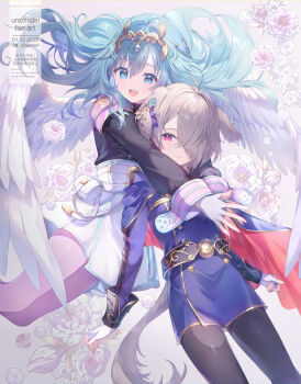 11-chan 2girls :d androgynous angel_wings aqua_eyes aqua_hair black_shirt blue_cape blue_jacket cape closed_mouth couple dated fingerless_gloves fire_emblem fire_emblem_shadows flower gloves grey_hair hair_between_eyes hair_over_one_eye highres hug hug_from_behind jacket kurt_(fire_emblem) long_hair long_sleeves looking_at_viewer multiple_girls nintendo open_mouth pink_eyes red_cape rose_(fire_emblem) shirt short_hair skirt smile teeth tiara twitter_username two-tone_cape upper_teeth_only very_long_hair white_gloves white_skirt wings
