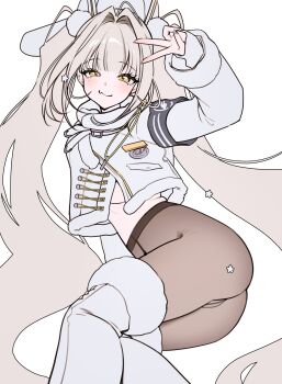 1girl absurdres armband ass black_armband blanc_(fortune_express)_(nikke) blanc_(nikke) blush boots breasts closed_mouth commentary cropped_jacket fang goddess_of_victory:_nikke grey_hair hair_intakes hair_ornament hat highres jacket long_hair long_sleeves looking_at_viewer pantyhose pom_pom_(clothes) pom_pom_hair_ornament simple_background skin_fang solo thigh_boots twintails v very_long_hair white_background yellow_eyes zhu_yin_(mannermana)