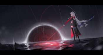 1girl acheron_(honkai:_star_rail) black_choker black_coat black_hole black_shorts body_markings boots choker coat coattails detached_sleeves flower highres honkai:_star_rail honkai_(series) kenran_000 long_hair midriff official_alternate_color official_alternate_hair_color rain red_eyes red_flower sheath short_shorts shorts single_bare_shoulder solo sword thigh_boots unsheathed water weapon white_hair